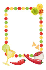 Watercolor frame for Cinco de mayo Mexican holiday decor. Traditional Mexico design border element