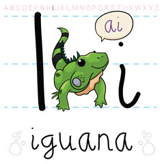 Happy Iguana Teaching the Alphabet and Letter 'I', Vector Illustration