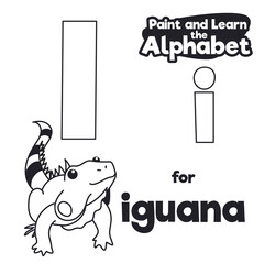 Didactic Alphabet to Color it, with Iguana and Letter I, Vector Illustration