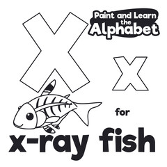 Didactic Alphabet to Color it, with X-ray Fish and Letter X, Vector Illustration