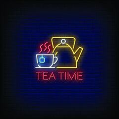 Tea Time Logo Neon Signs Style Text Vector