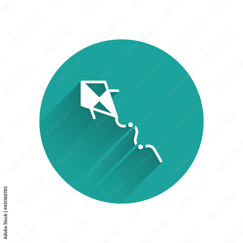 Sticker White Kite icon isolated with long shadow. Green circle button. Vector