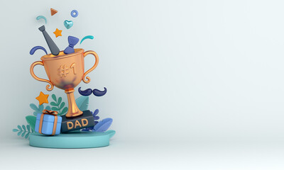 Happy Father’s Day decoration background with trophy gift box necktie leaves mustache, copy space text, 3D rendering illustration