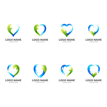 set water care logo, love, hand and water, combination logo with 3d blue and green color style