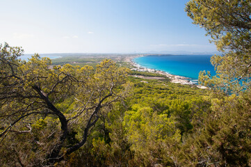 Fantastic panoramic view of the coast of the island of Formentera in Spain from the hill of El...