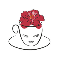 Hibiscus tea, stylized cup. Delicious healing red tea, medicinal herbs. Healthy lifestyle, spa salon, slimming diet. Abstract woman face, beauty. For kitchens, restaurants, cafes, printing.