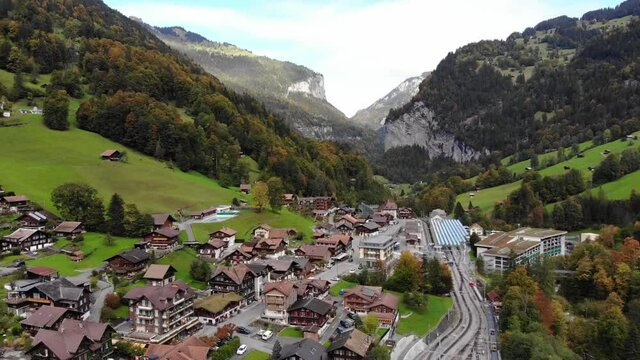 Aerial view over the village of Lauterbrunnen in Switzerlandwith its famous waterfall