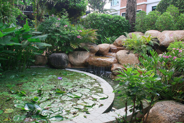 A garden with small decorative waterfall. Landscape design