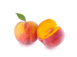 Peach fruits Peach with leaf on white background.