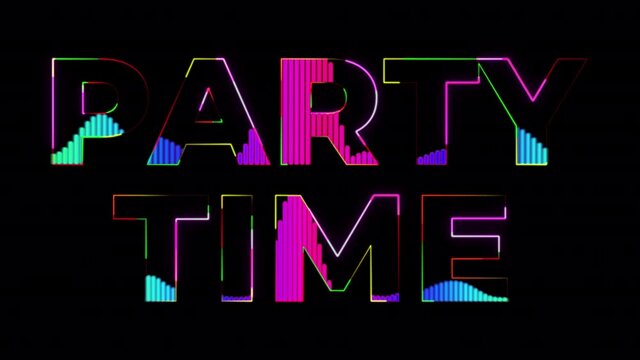 Dance party in 80s style. Party text with sound waves effect. Glowing neon lights. Retrowave and synthwave style. Intro text. Vj animation for night clubs, LED screens and projectors, music videos