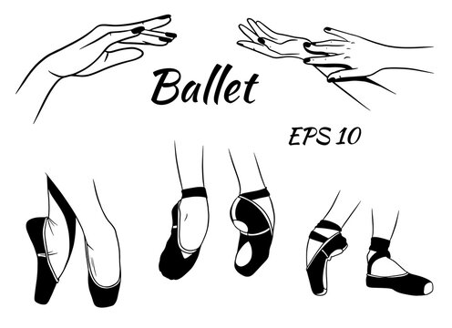 Ballet. Ballet shoes on the feet. Hands. Silhouette.