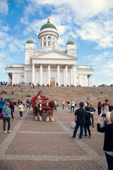 Finland, Helsinki - August 06, 2019: casual view on the Helsinki Senate Square street and...