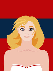 Young beautiful girl in a white swimsuit on a red background with a blue stripe. Blond woman.
