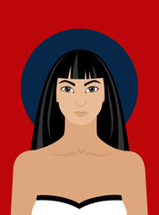 Young beautiful Asian girl in a white swimsuit on a red background with a blue circle. Vector portrait.