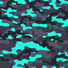 Military blue vector camouflage hunting background seamless print. EPS