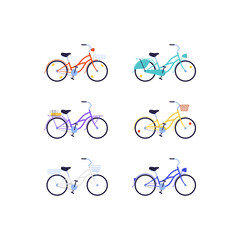 Fototapeta premium a set of flat illustration of cruiser bicycles with a low frame in different colors with different accessories
