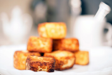 Bakery products. Cheesecakes in the shape of a square. Cottage cheese products.  Hot dish.                                                                                        