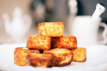 Bakery products. Cheesecakes in the shape of a square. Cottage cheese products.  Hot dish.                                                                                        