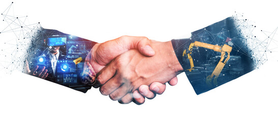 Mechanized industry robot arm and business handshake double exposure . Concept of successful...