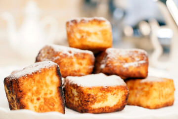 Bakery products. Cheesecakes in the shape of a square. Cottage cheese products.  Hot dish.                                                                                        