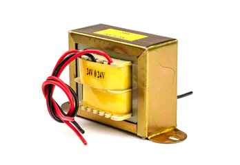 Close up view, transformer of electrical device for transformation of voltage isolated on white...