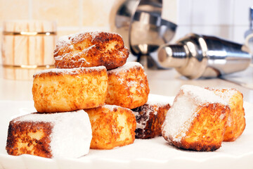 Bakery products. Cheesecakes in the shape of a square. Cottage cheese products.  Hot dish.                                                                                        