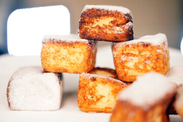 Bakery products. Cheesecakes in the shape of a square. Cottage cheese products.  Hot dish.                                                                                        