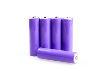 Five purple Lithium battery 3-7v isolated on white
