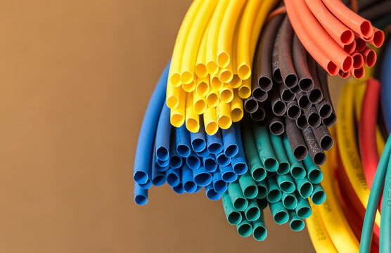 Colorful shrink tube on brown background, close-up
