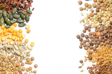 Variety kinds of dry organic cereal and grain seed on left and right hand side isolated on white background, with copy space
