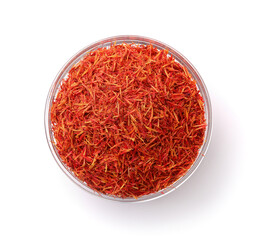 Naklejka premium Top view of dried saffron threads in glass cup