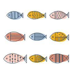 Fish. . Line illustration. Cute set.