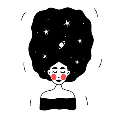 A girl with stars and planets in her hair, with closed eyes, and with a red blush.