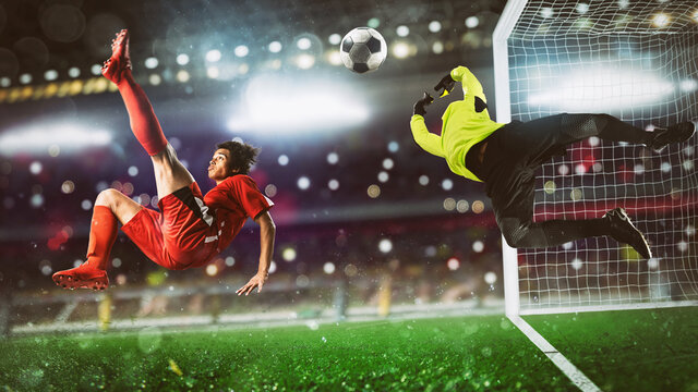 Soccer striker in red uniform hits the ball with an acrobatic kick in the air at the stadium