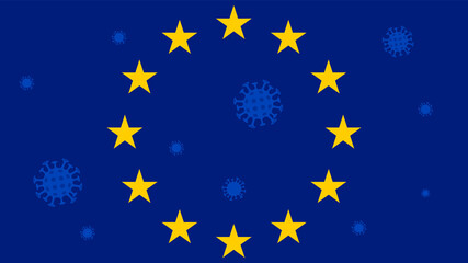 Coronavirus alarm, protection and prevention in European Union countries. Golden stars and coronavirus symbol on blue background. Concept of coronavirus quarantine, lockdown, crisis.