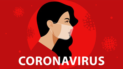 Beautiful woman in respiratory mask. Coronavirus alarm, protection and prevention in the world. Virus shape on white background. Modern vector illustration on social topic.