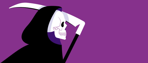 Grim Reaper in black cloak. Vector illustration with copy space. Banner with purple background.
