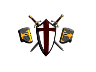 Medieval helmet shield and swords