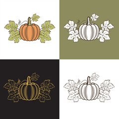 collection of vegetable pumpkins with green leaves isolated