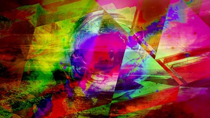 Fototapeta na wymiar Pulsating Rainbow Orb Behind Glass Triangles Radiating Colors - Abstract Background Texture