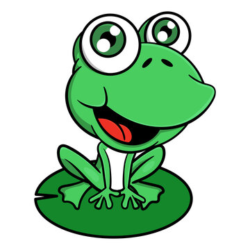 Green Little Frog cartoon characters standing on water lily, best for sticker, t-shirt design, decoration, or illustration of children book