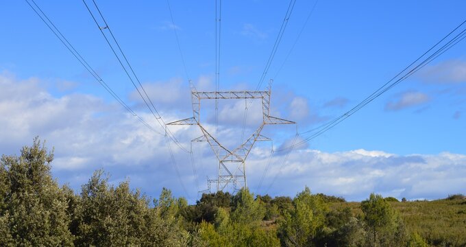 High Voltage 400kV  pylon supporting electricity cables to transport energy