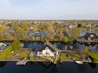 Aerial view of small islands in the Lake Vinkeveense Plassen, near Vinkeveen, Holland. It is a...