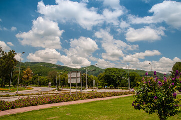 9th avenue highway road, Islamabad, fountains running, margalla hills in front, margalla road, road...