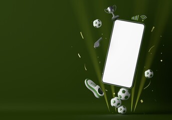 football live online from a smartphone. sport competition program. football balls object. football game appication. white screen mobile mock up. sport online game. background copy space. 3d rendering