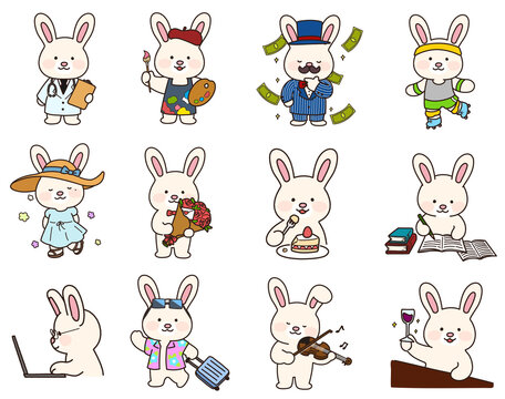 Adorable hand drawn white bunny doing different activities outlined