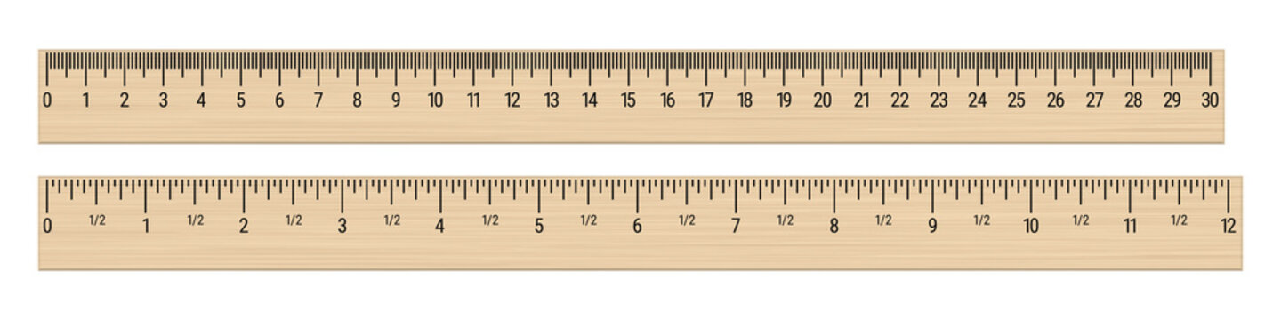 Realistic wood rulers 30 centimeters and 12 inches. 3D realistic vector illustration isolated on white