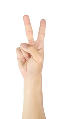 Raising two fingers, men's hands, gestures and symbols of encouragement, fight. Isolated on white background with clipping path.