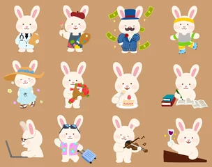 Rolgordijnen Speelgoed Schattig handgetekend wit konijntje dat verschillende activiteiten plat gekleurd doet