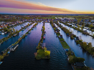 Aerial view of small islands in the Lake Vinkeveense Plassen, near Vinkeveen, Holland. It is a...